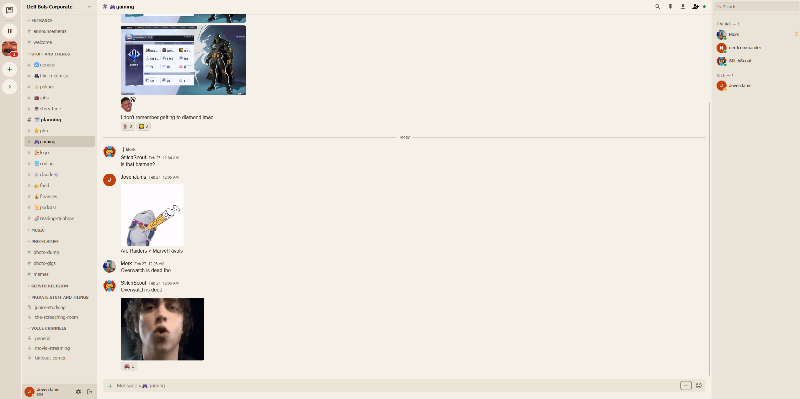 Haven chat interface showing servers, channels, and encrypted messages in night mode
